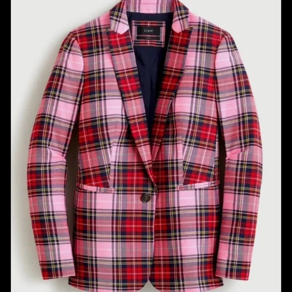 J.Crew Parke Blazer in Cherry Red Bubblegum Neon Pink Stewart Tartan Wool 4 EUC - Picture 4 of 7